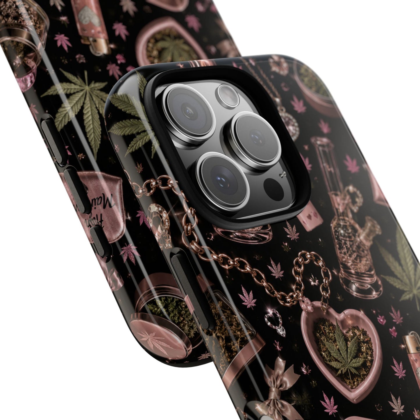 Sunflower Porch Co Pink Cannabis Pattern Tough Case | Weed Leaf Phone Case, Grinder & Lighter Design