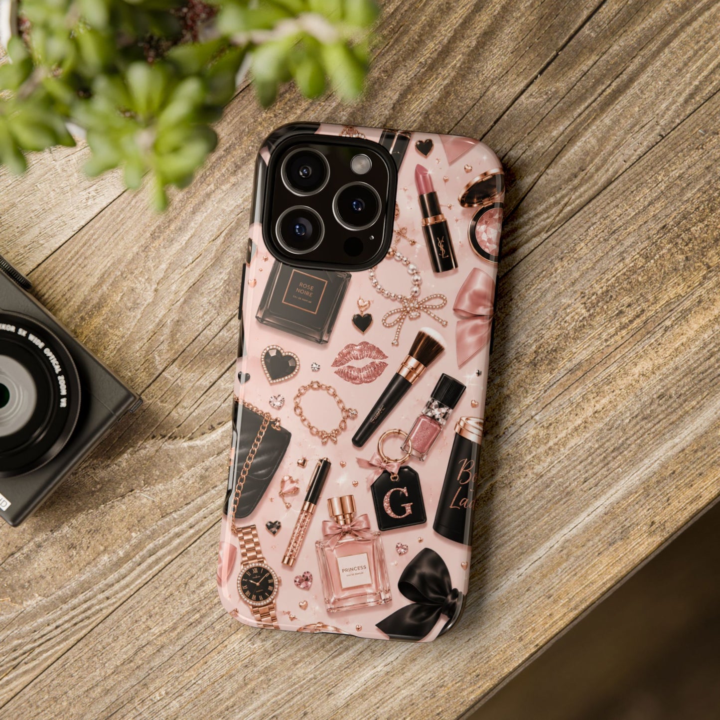 Sunflower Porch Co Glam Makeup Pattern Phone Case | Rose Gold Cosmetics, Perfume, Lipstick