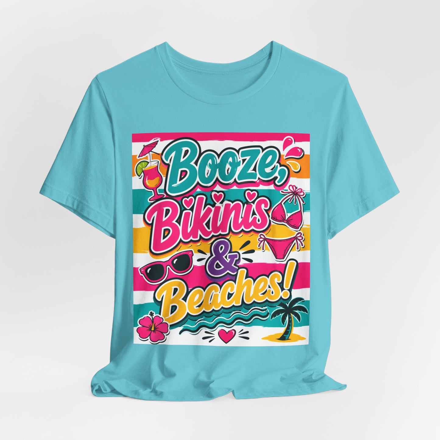 Sunflower Porch Co. Booze Bikinis & Beaches T-Shirt — Summer Beach Party Graphic Tee