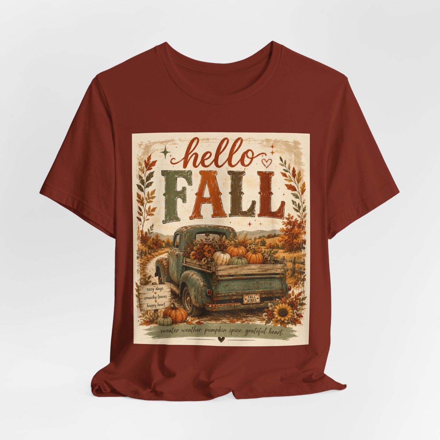 Sunflower Porch Co Hello Fall Vintage Truck T-Shirt | Pumpkin Harvest Autumn Tee