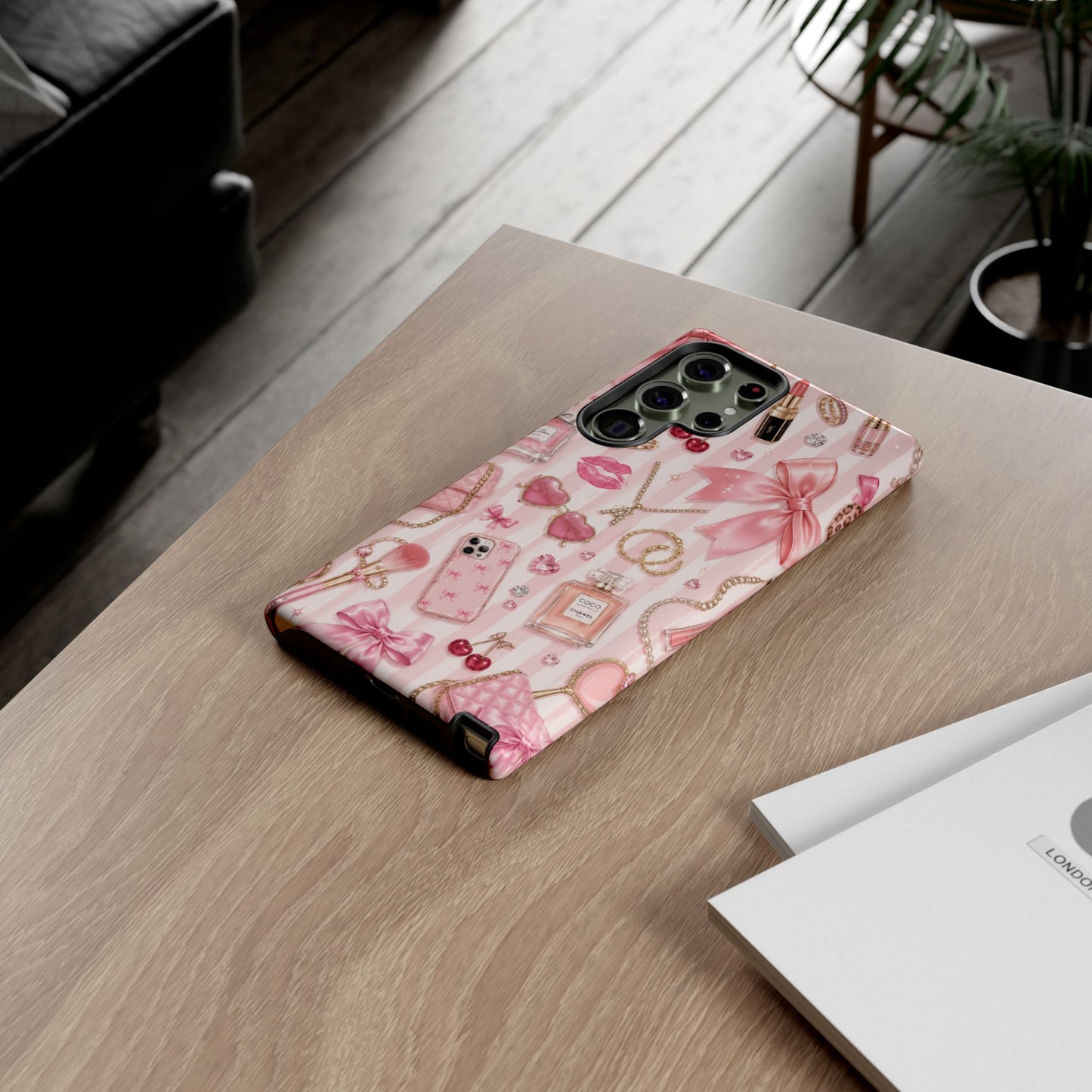 Pink Glam Pattern phone case | Makeup, bows, perfume, lipstick design