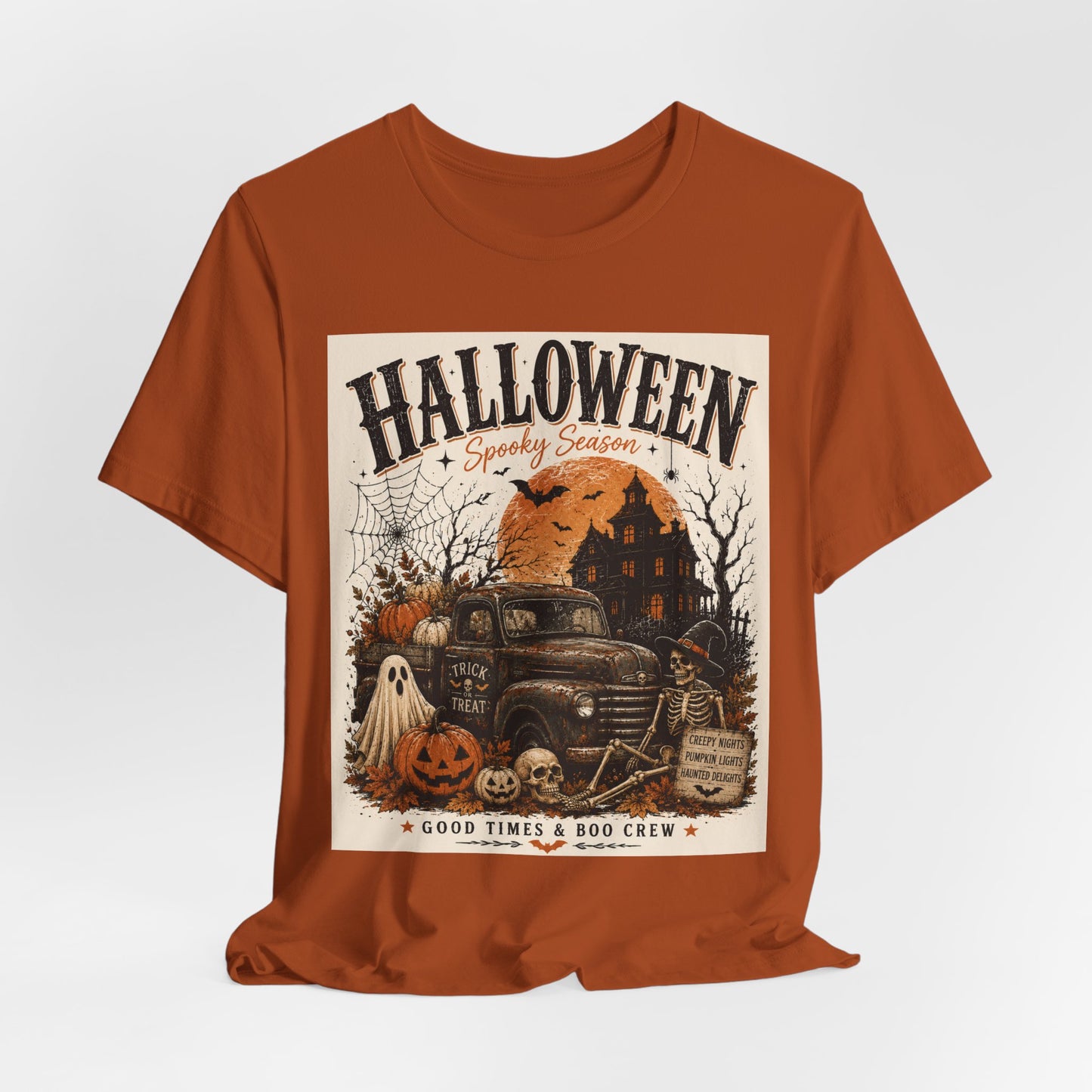 Sunflower Porch Co Halloween Vintage Truck Tee | Spooky Season Pumpkin Ghost Haunted House