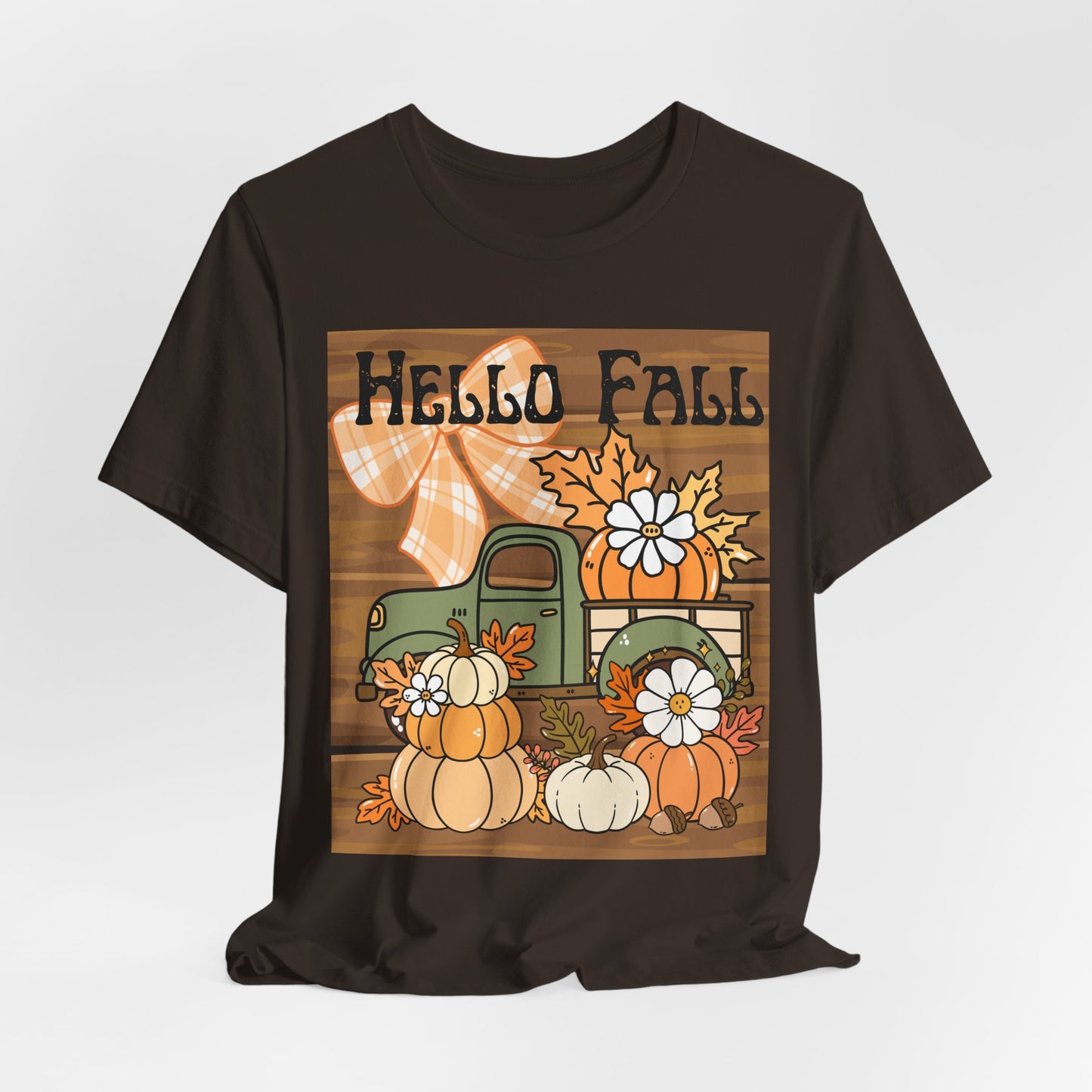 SunflowerPorchCo Hello Fall Pumpkin Truck Tee | Autumn Pumpkins, Plaid Bow, Rustic Wood