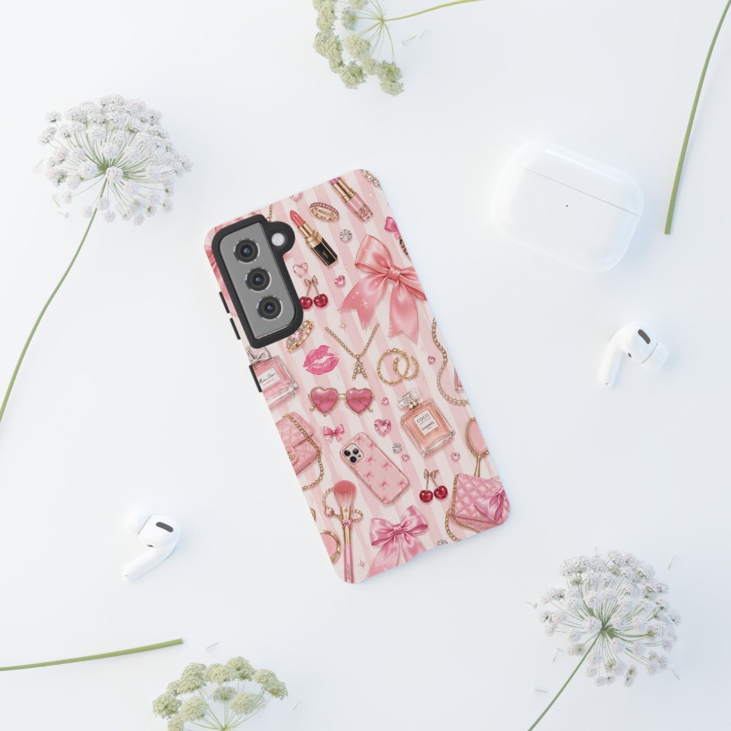 Pink Glam Pattern phone case | Makeup, bows, perfume, lipstick design