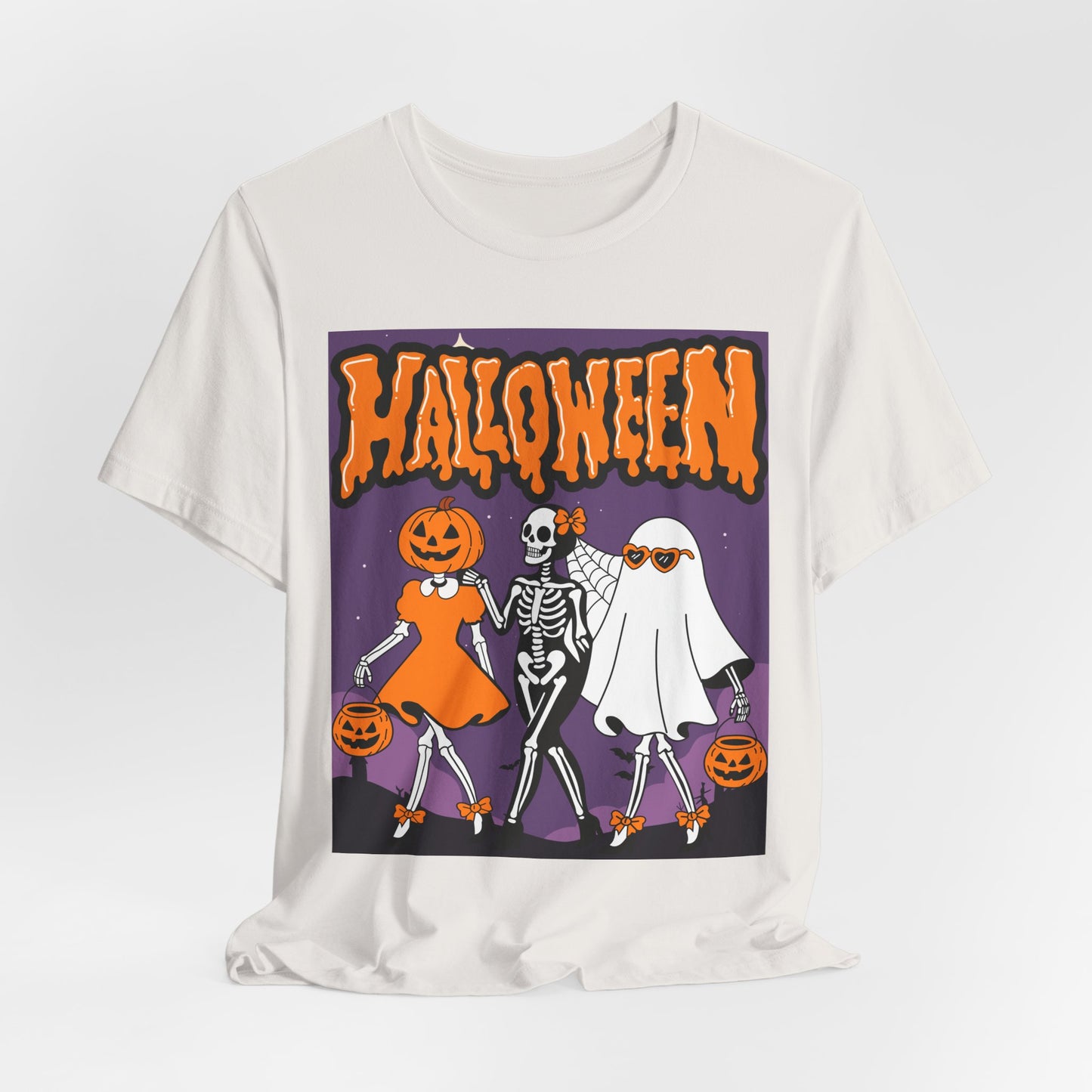 SunflowerPorchCo Dancing Skeletons and Pumpkins Halloween T-Shirt | Retro Spooky Trio Tee