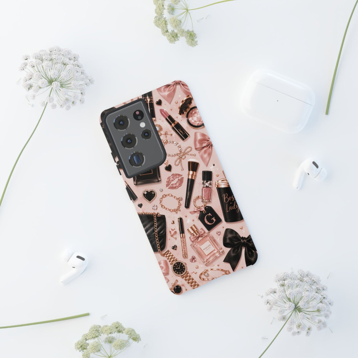 Sunflower Porch Co Glam Makeup Pattern Phone Case | Rose Gold Cosmetics, Perfume, Lipstick