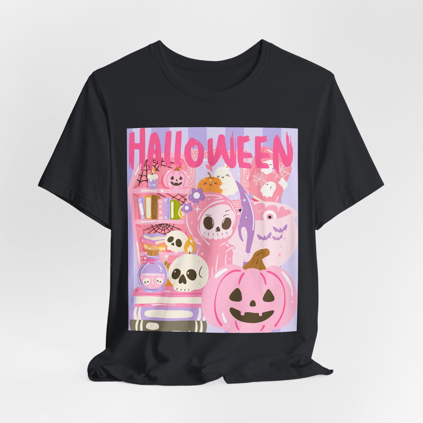SunflowerPorchCo Pink Cute Halloween Characters Tee | Jack-o'-Lantern Skulls Candy