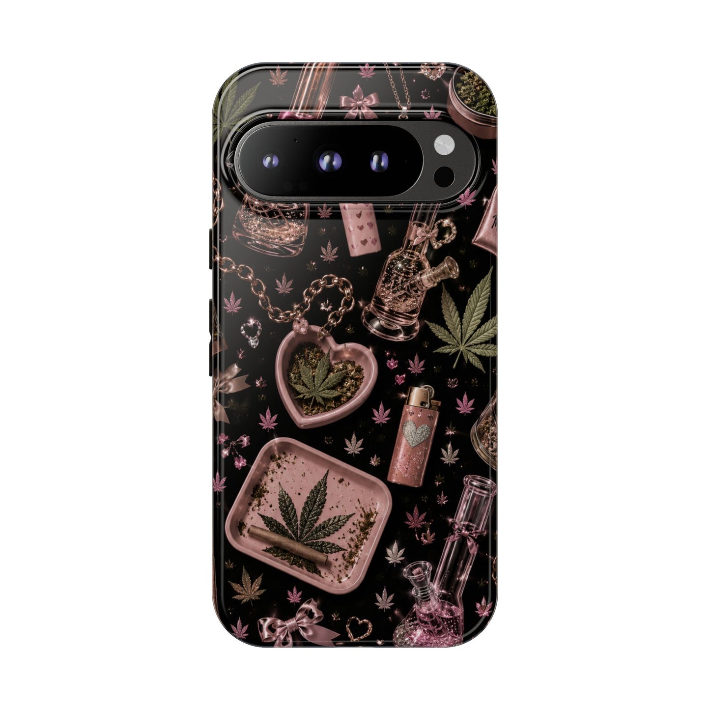 Sunflower Porch Co Pink Cannabis Pattern Tough Case | Weed Leaf Phone Case, Grinder & Lighter Design