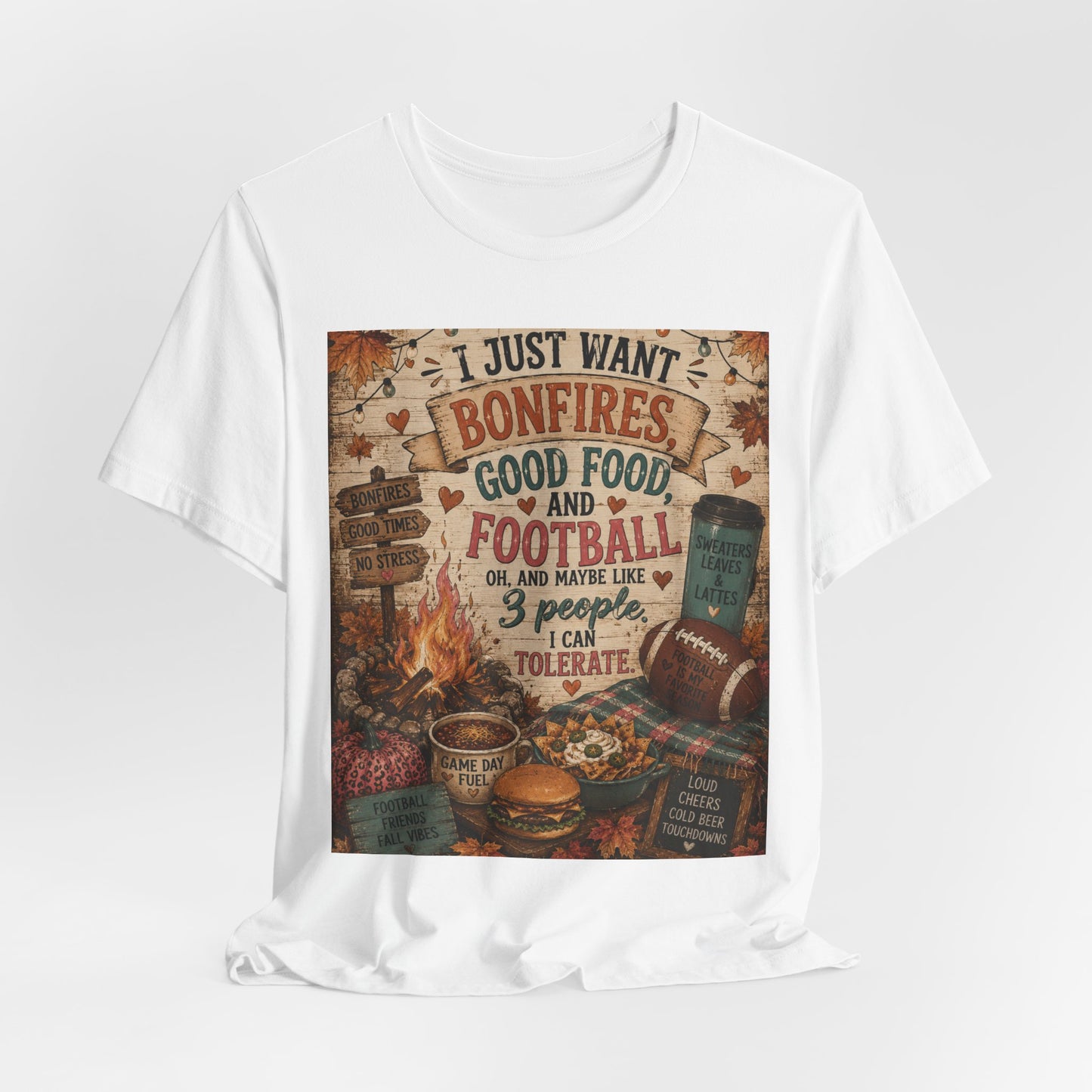 Sunflower Porch Co Bonfires Good Food and Football Tee | Fall Campfire Typography Shirt
