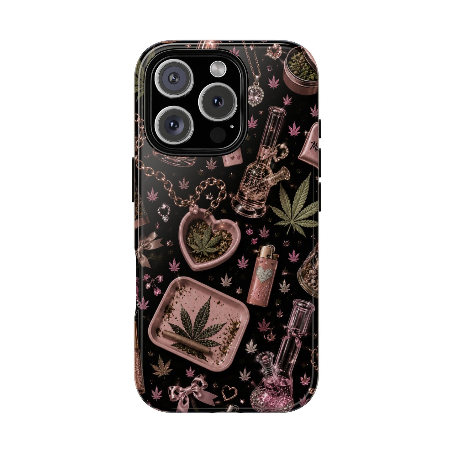 Sunflower Porch Co Pink Cannabis Pattern Tough Case | Weed Leaf Phone Case, Grinder & Lighter Design