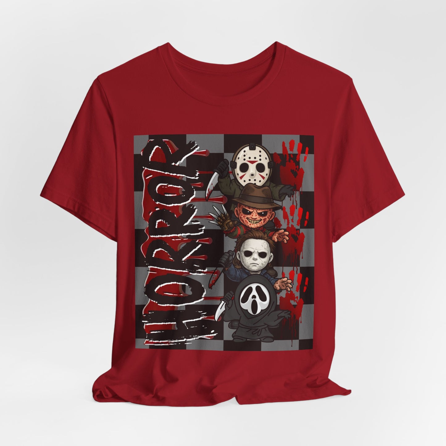 SunflowerPorchCo Horror Mask Stack T-Shirt | Slasher Masks, Blood Handprints, Creepy Checker