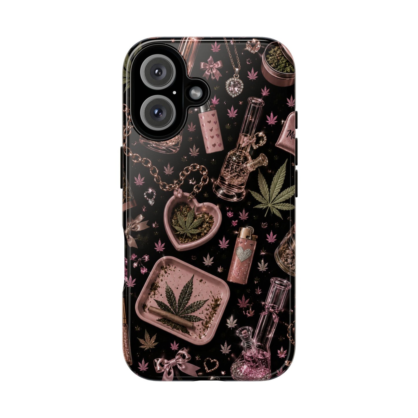 Sunflower Porch Co Pink Cannabis Pattern Tough Case | Weed Leaf Phone Case, Grinder & Lighter Design