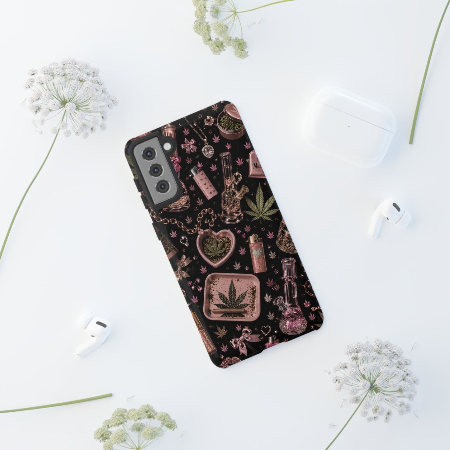 Sunflower Porch Co Pink Cannabis Pattern Tough Case | Weed Leaf Phone Case, Grinder & Lighter Design
