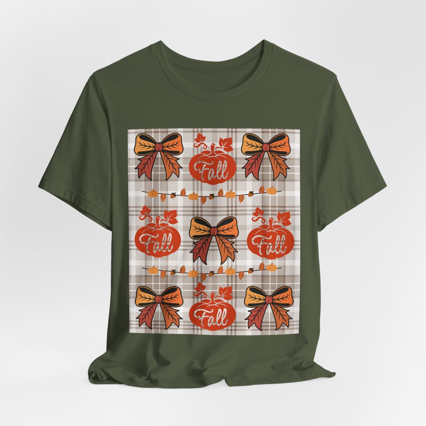 SunflowerPorchCo Fall Pumpkin Plaid Pattern Tee | Autumn Bow Graphic T-Shirt