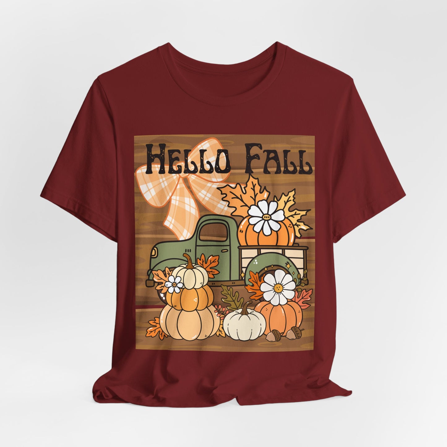 SunflowerPorchCo Hello Fall Pumpkin Truck Tee | Autumn Pumpkins, Plaid Bow, Rustic Wood