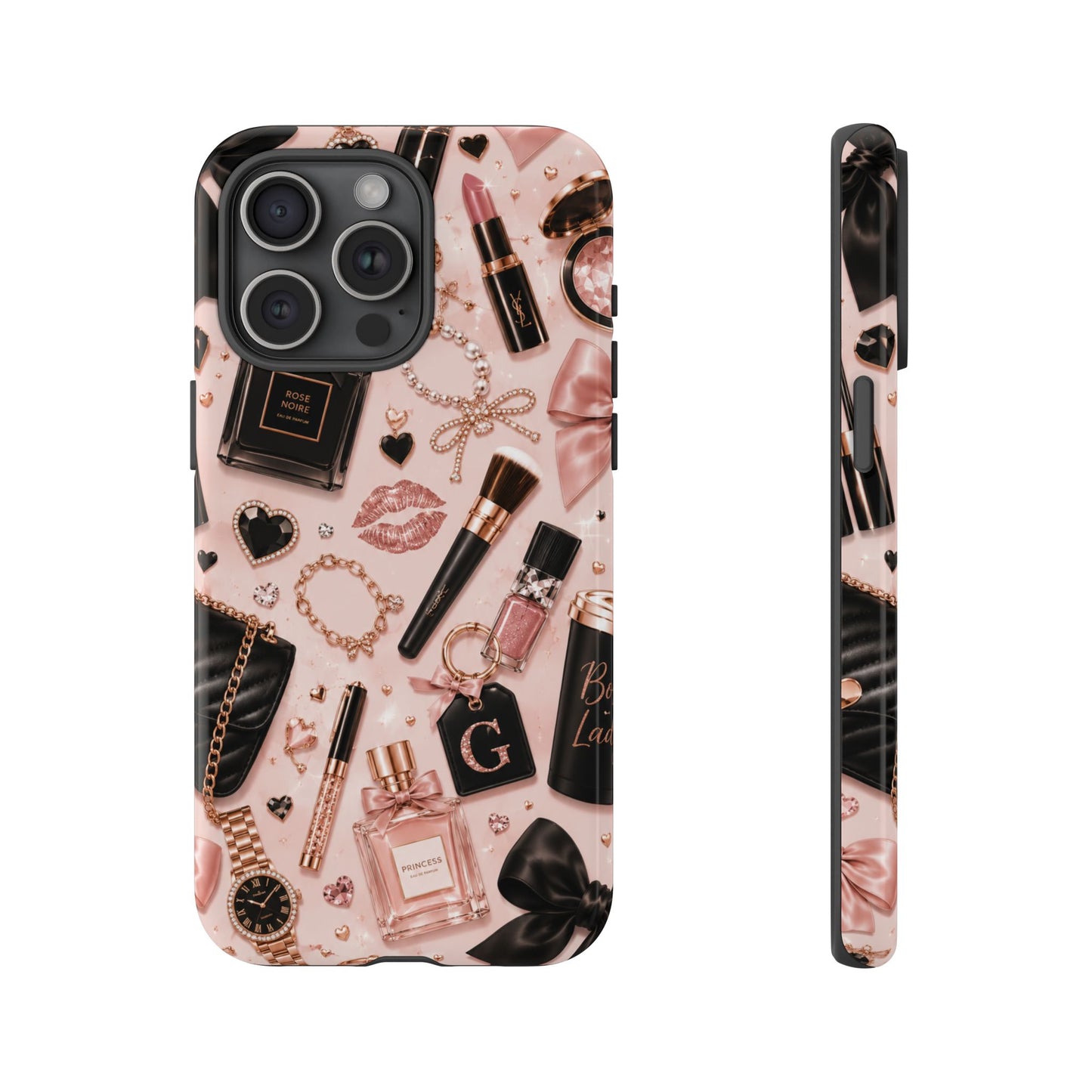 Sunflower Porch Co Glam Makeup Pattern Phone Case | Rose Gold Cosmetics, Perfume, Lipstick