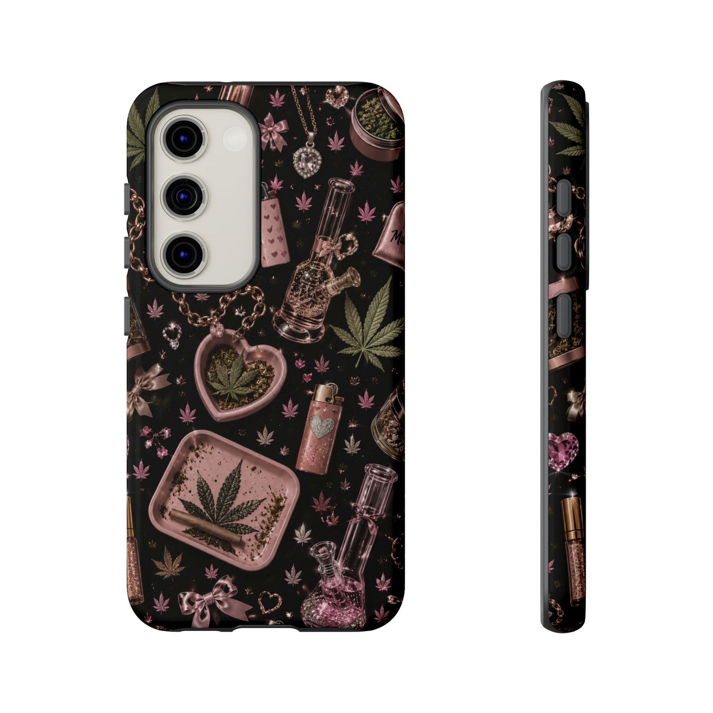 Sunflower Porch Co Pink Cannabis Pattern Tough Case | Weed Leaf Phone Case, Grinder & Lighter Design