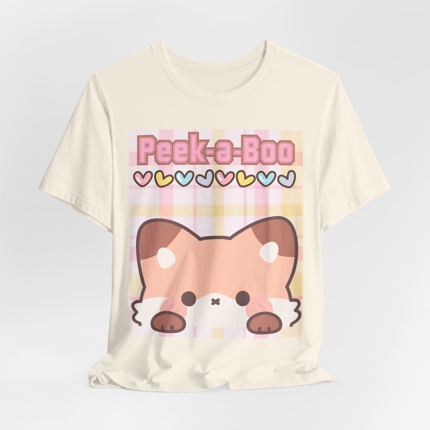 SunflowerPorchCo Peek-a-Boo Kawaii Fox Tee | Cute Pastel Hearts Plaid Shirt