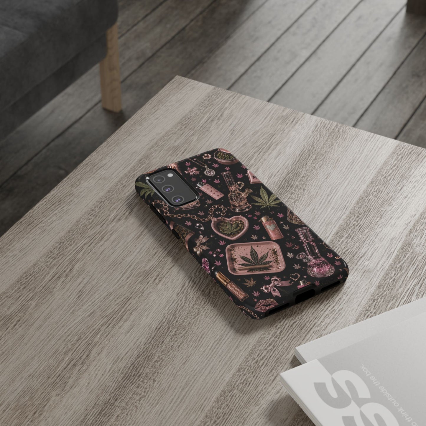 Sunflower Porch Co Pink Cannabis Pattern Tough Case | Weed Leaf Phone Case, Grinder & Lighter Design