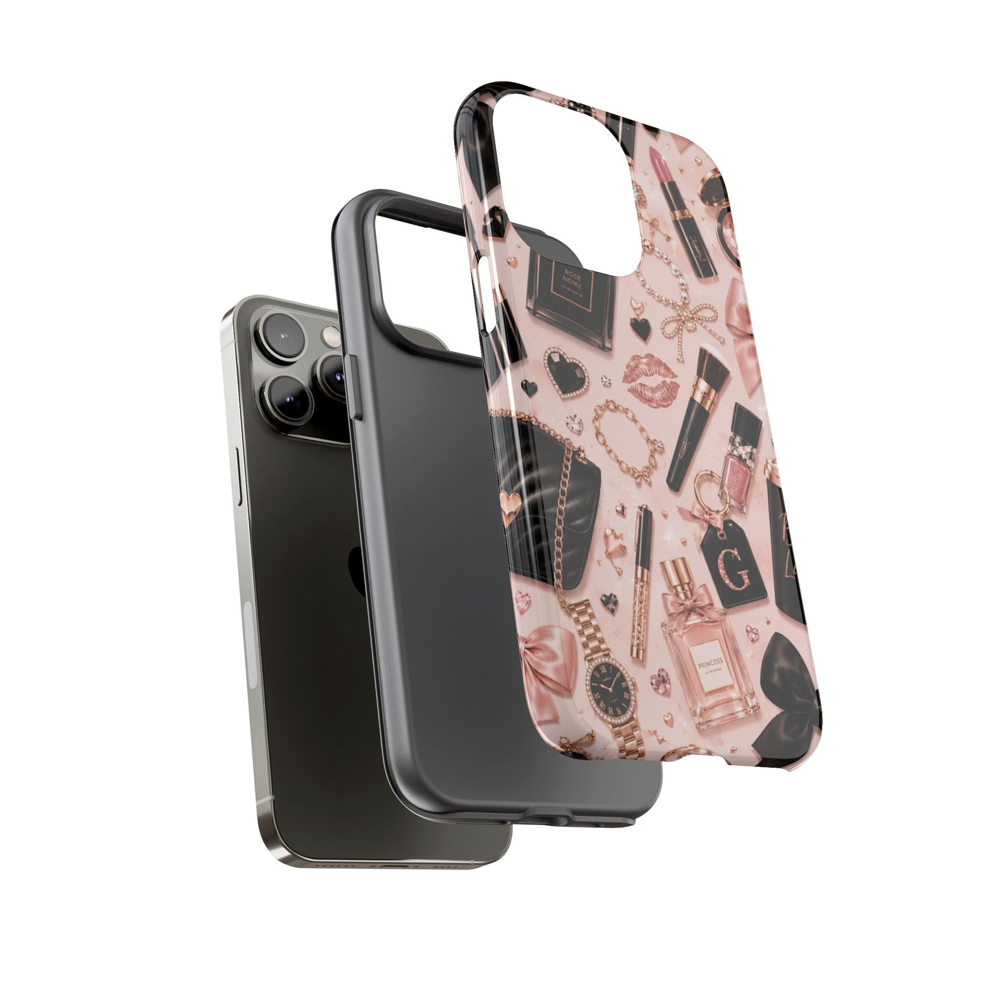 Sunflower Porch Co Glam Makeup Pattern Phone Case | Rose Gold Cosmetics, Perfume, Lipstick