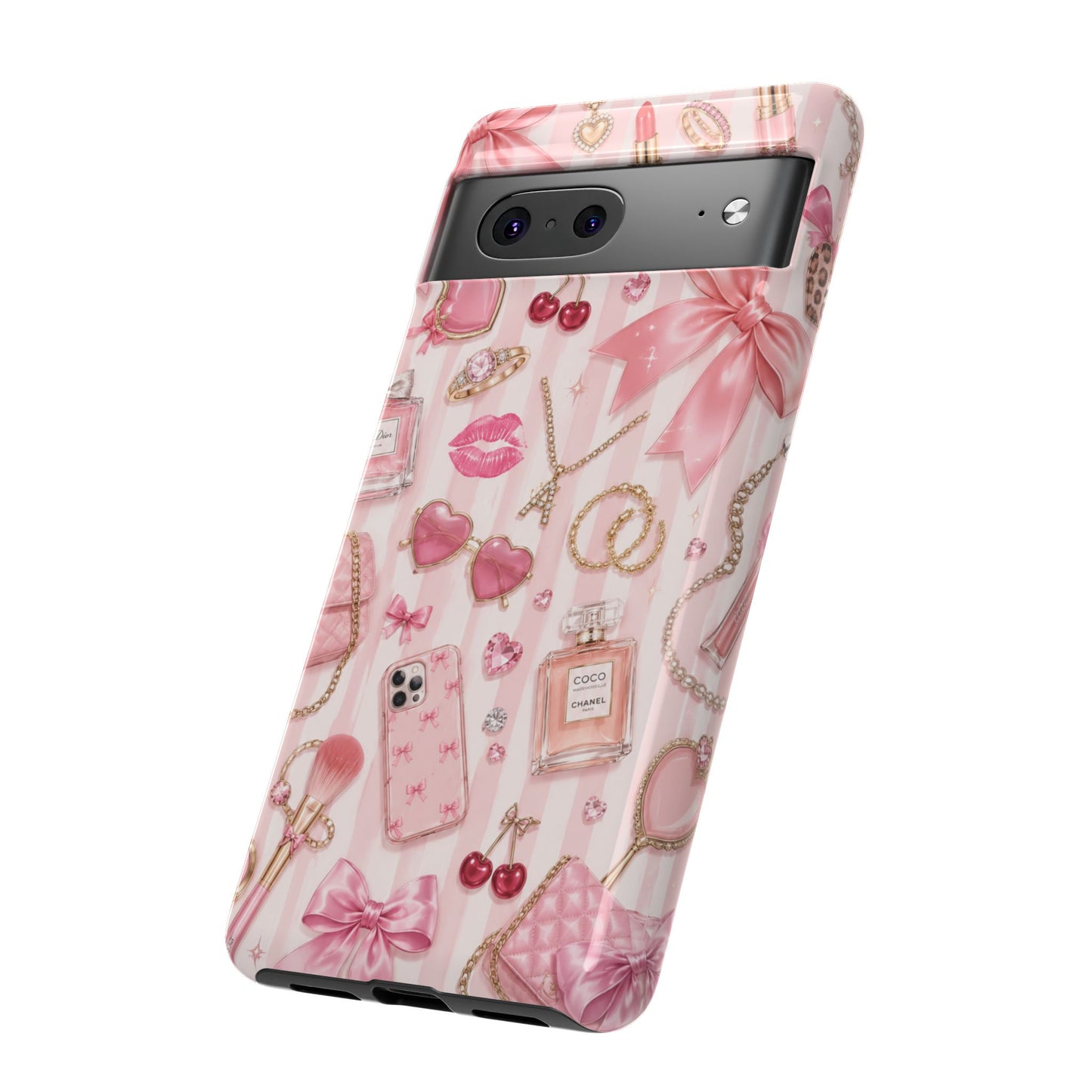 Pink Glam Pattern phone case | Makeup, bows, perfume, lipstick design