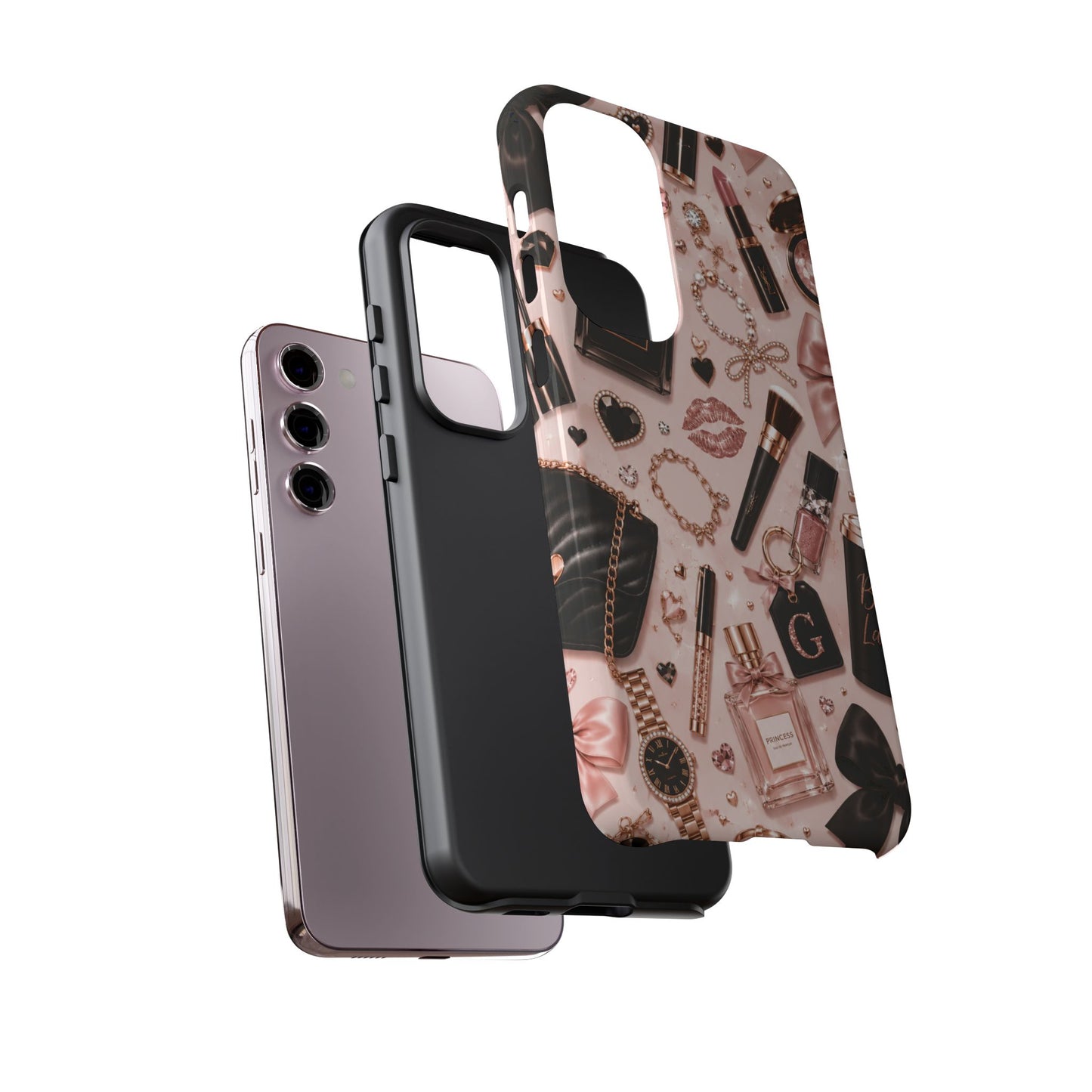 Sunflower Porch Co Glam Makeup Pattern Phone Case | Rose Gold Cosmetics, Perfume, Lipstick
