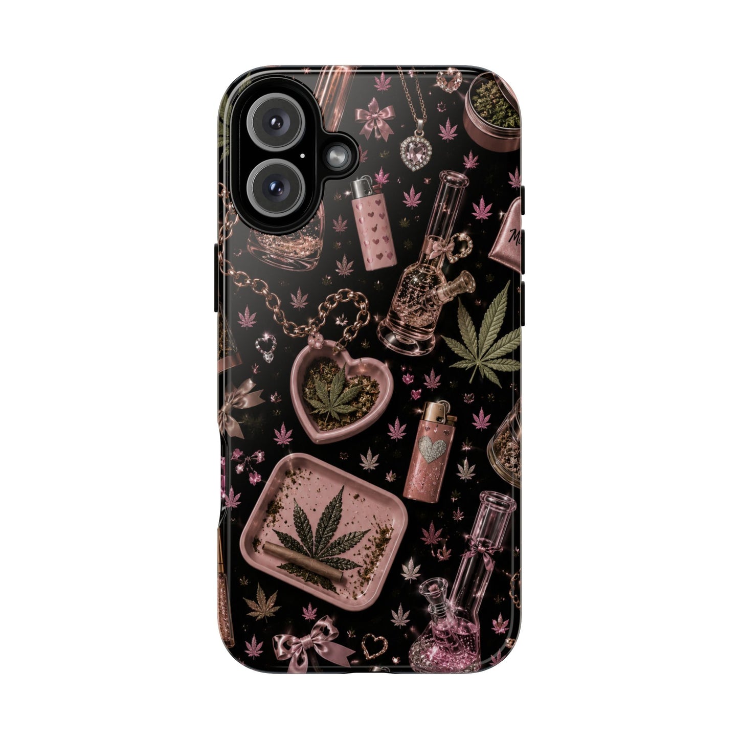 Sunflower Porch Co Pink Cannabis Pattern Tough Case | Weed Leaf Phone Case, Grinder & Lighter Design