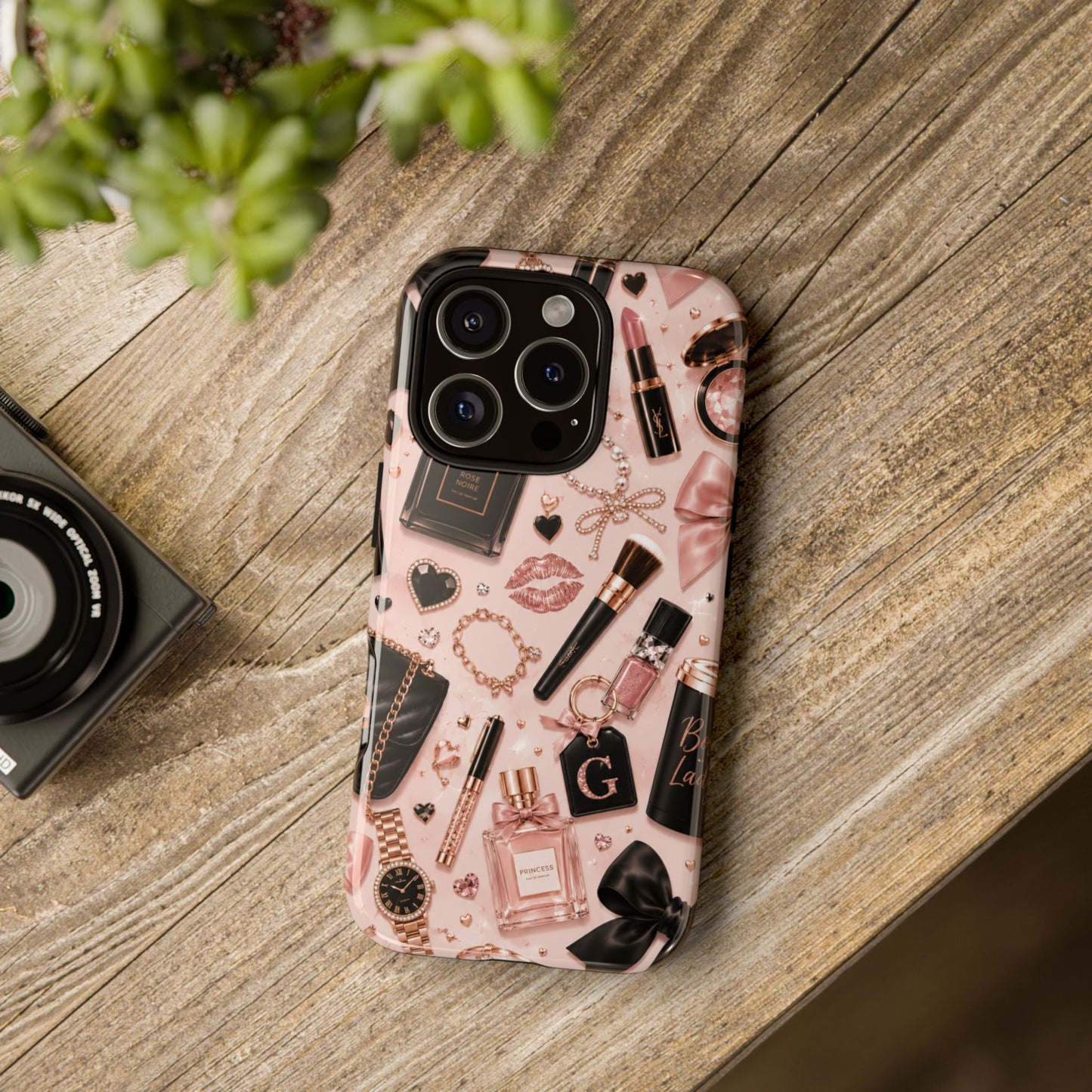 Sunflower Porch Co Glam Makeup Pattern Phone Case | Rose Gold Cosmetics, Perfume, Lipstick