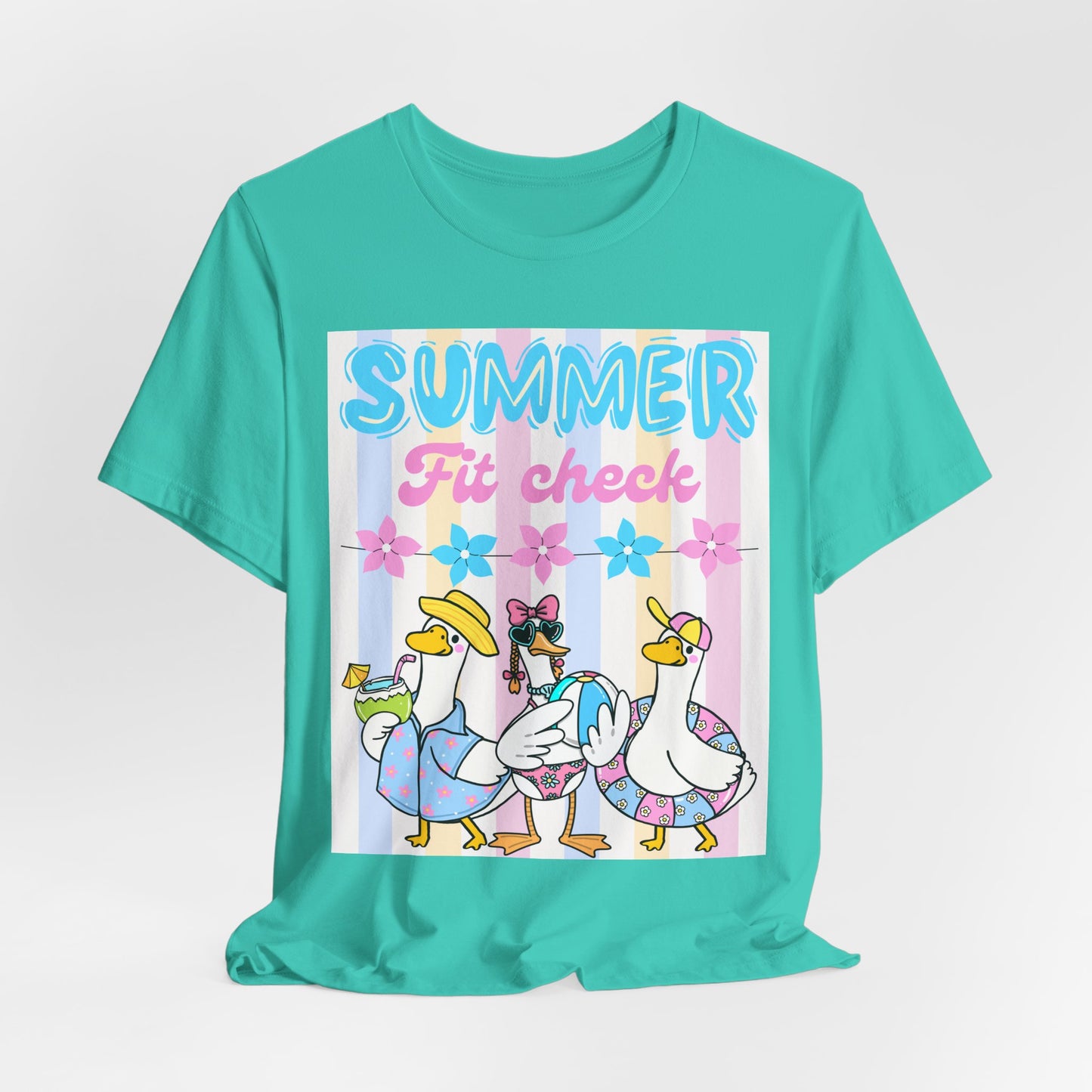 SunflowerPorchCo Summer Fit Check Tee | Cartoon Ducks in Sunglasses, Pastel Beach Vibes