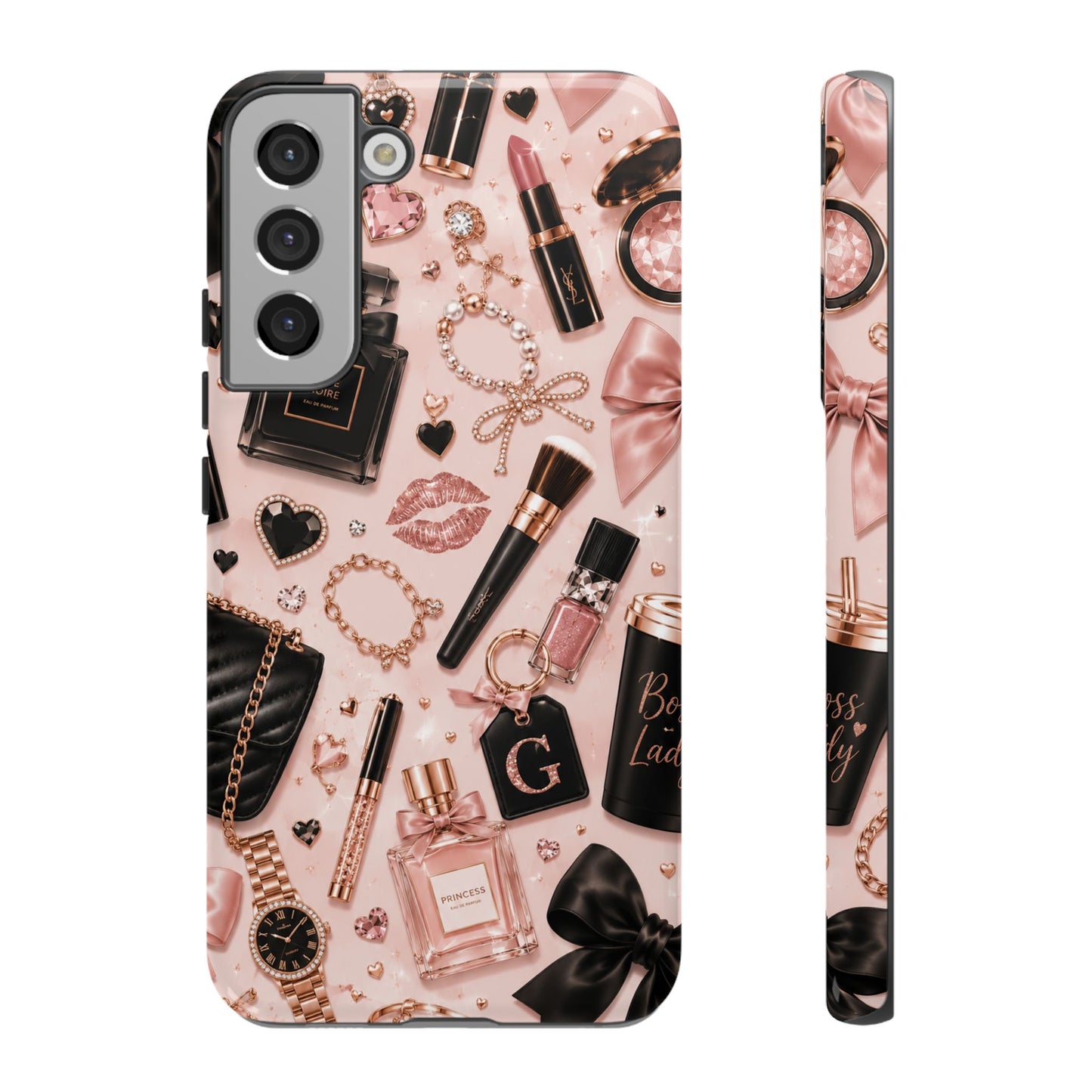Sunflower Porch Co Glam Makeup Pattern Phone Case | Rose Gold Cosmetics, Perfume, Lipstick