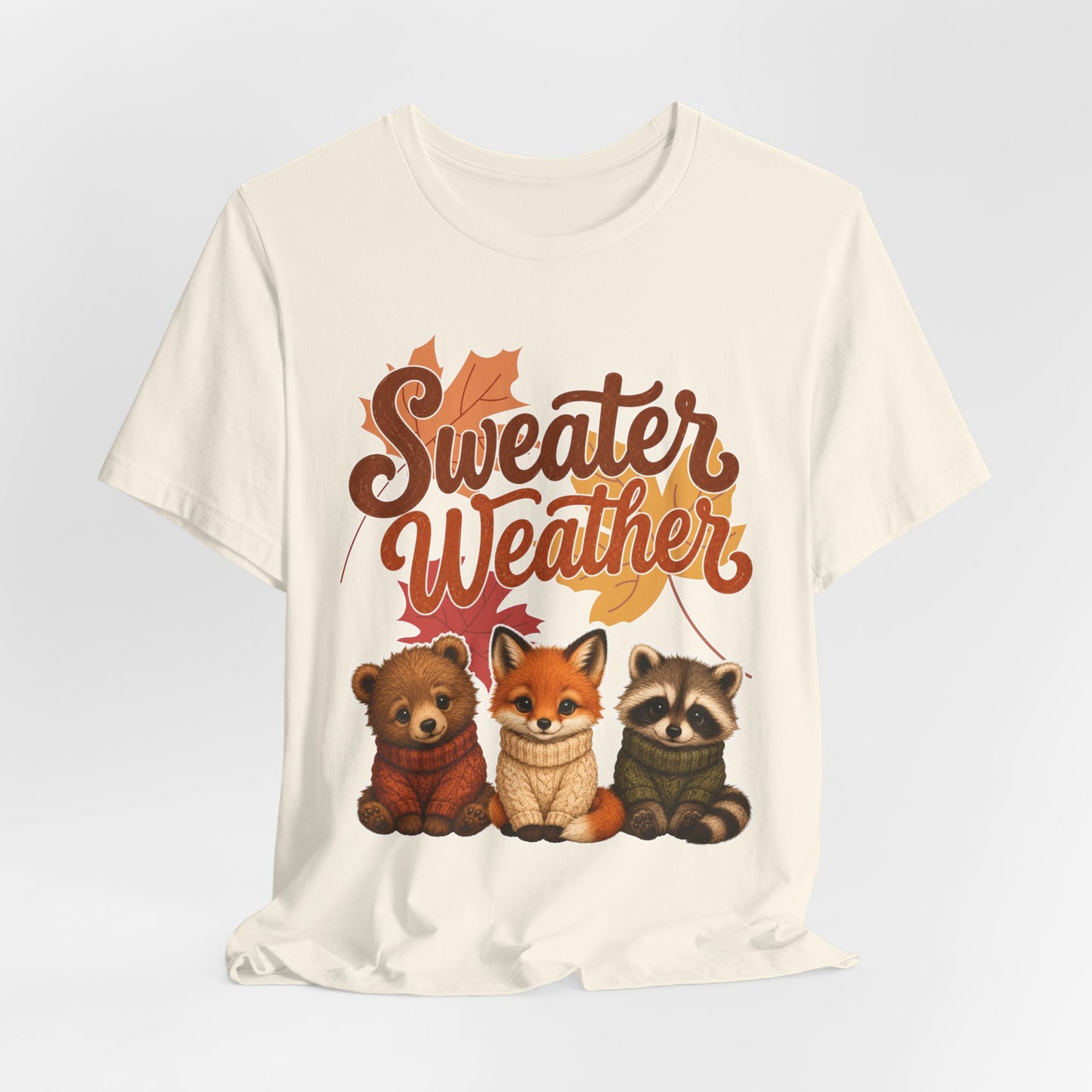 Sweater Weather woodland animals Tee | Fox Bear Raccoon fall leaves
