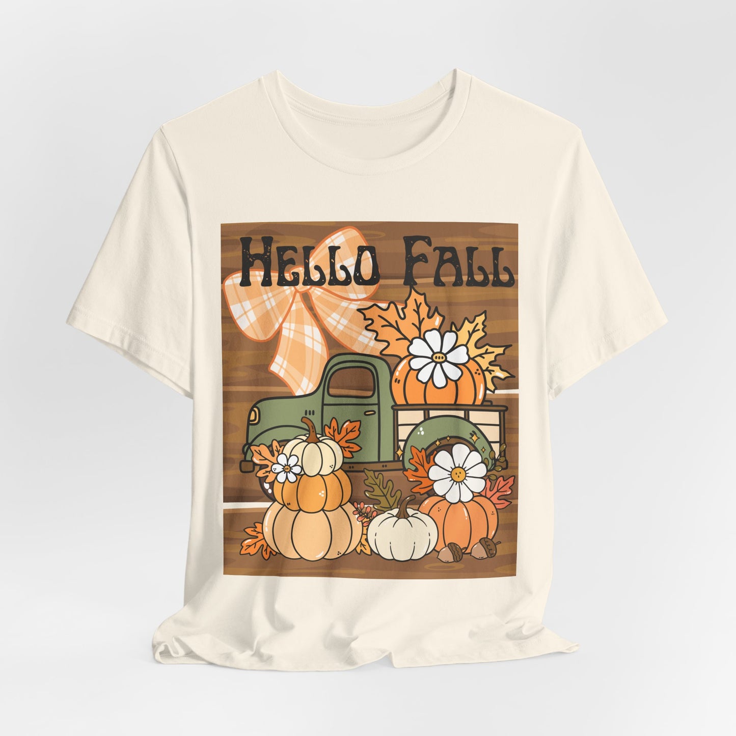 SunflowerPorchCo Hello Fall Pumpkin Truck Tee | Autumn Pumpkins, Plaid Bow, Rustic Wood