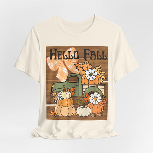 SunflowerPorchCo Hello Fall Pumpkin Truck Tee | Autumn Pumpkins, Plaid Bow, Rustic Wood
