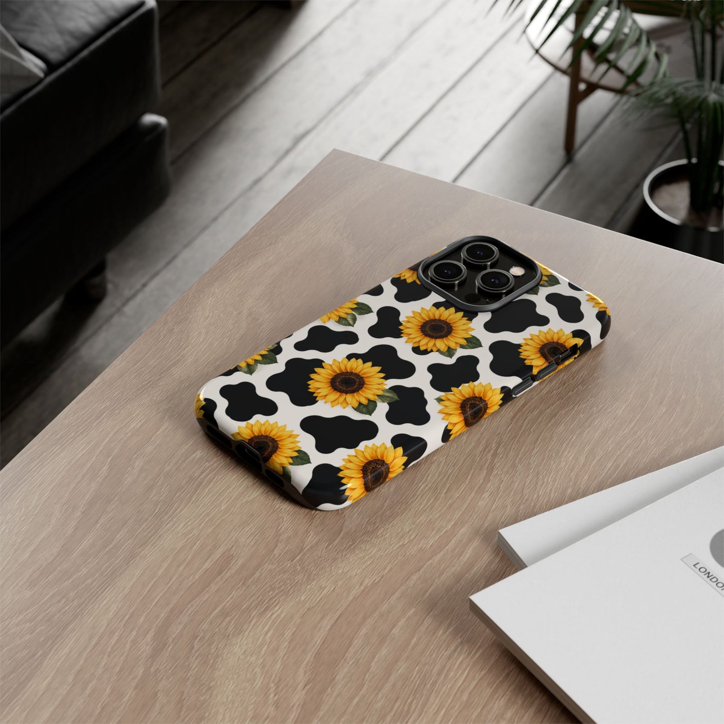 Sunflower Cow Print Tough Case | Phone Case, Floral Farm Animal Pattern
