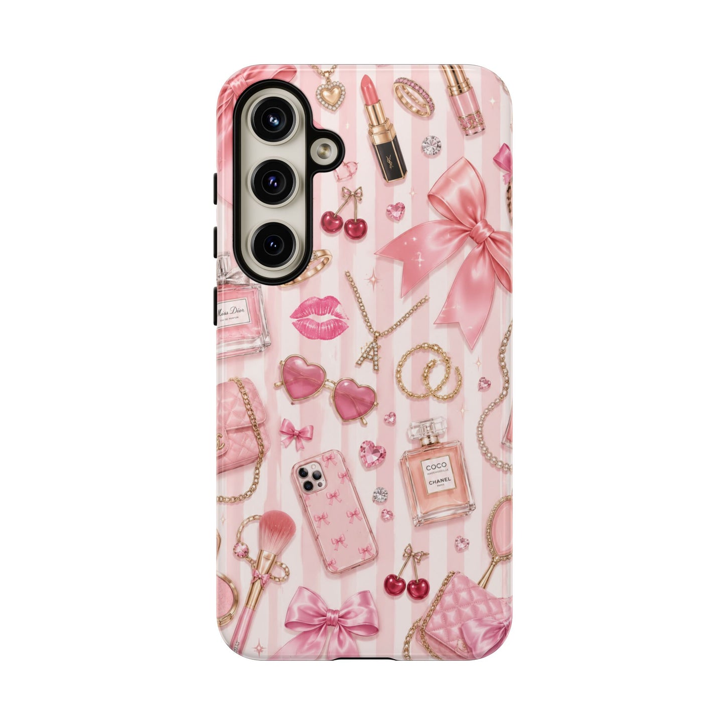 Pink Glam Pattern phone case | Makeup, bows, perfume, lipstick design