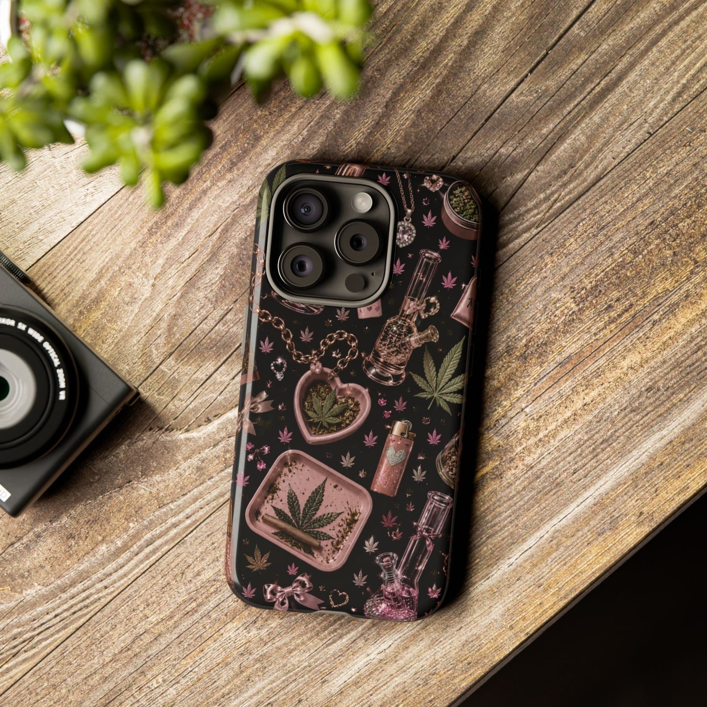 Sunflower Porch Co Pink Cannabis Pattern Tough Case | Weed Leaf Phone Case, Grinder & Lighter Design