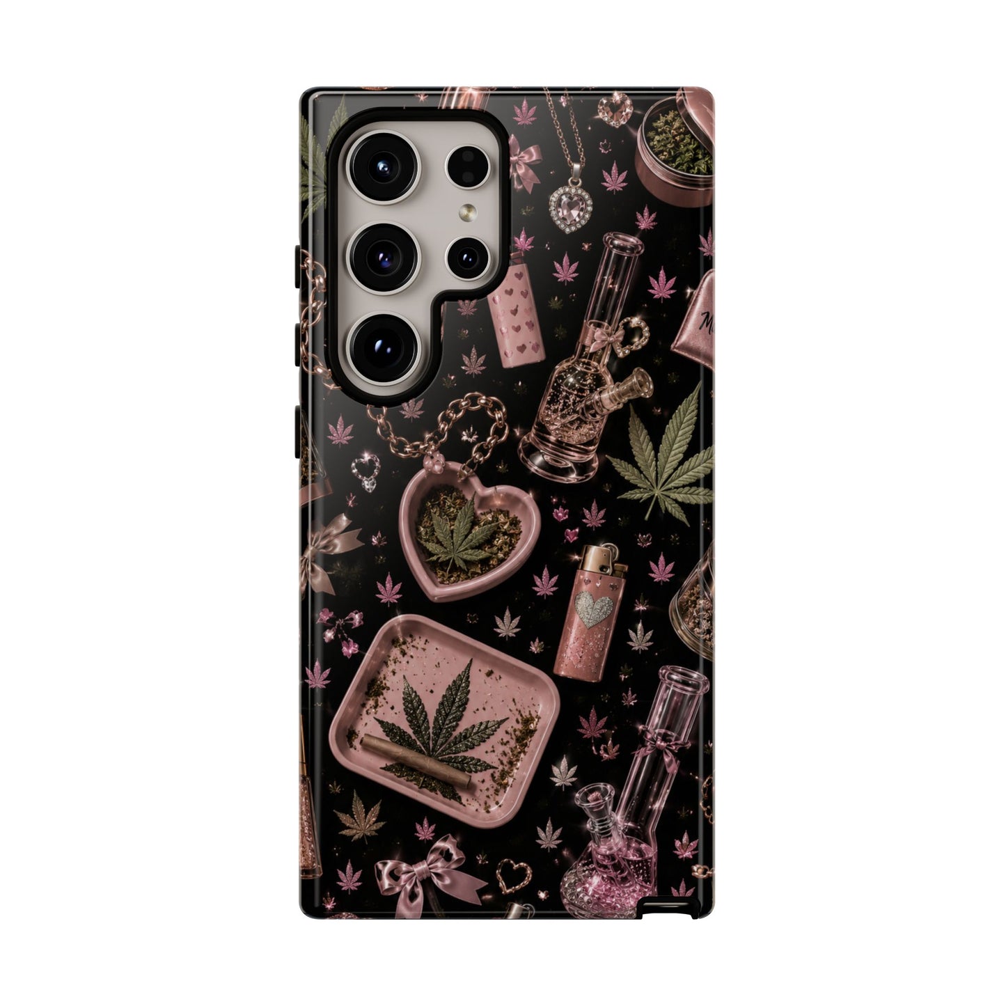 Sunflower Porch Co Pink Cannabis Pattern Tough Case | Weed Leaf Phone Case, Grinder & Lighter Design