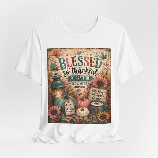 Sunflower Porch Co Blessed So Thankful Thanksgiving Tee | Fall Pumpkin Sunflower Tee