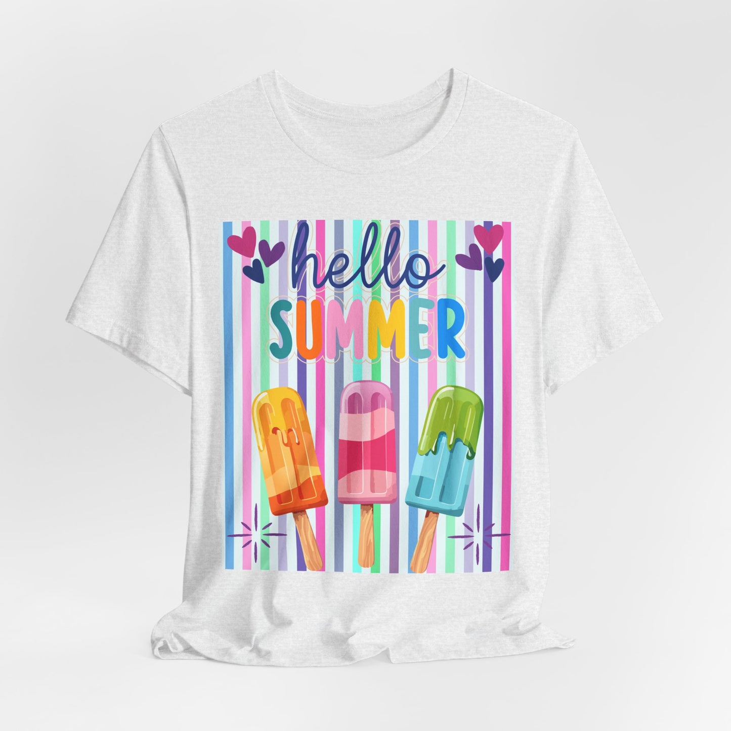 Sunflower Porch Co Hello Summer Popsicles T-Shirt | Colorful Stripes, Cute Ice Cream Design