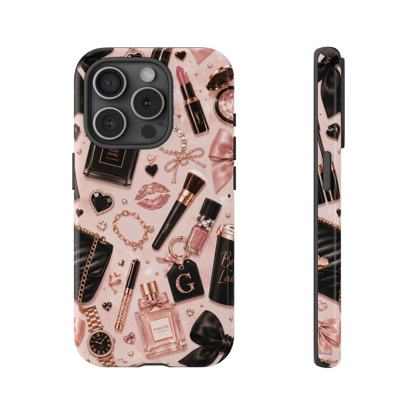 Sunflower Porch Co Glam Makeup Pattern Phone Case | Rose Gold Cosmetics, Perfume, Lipstick