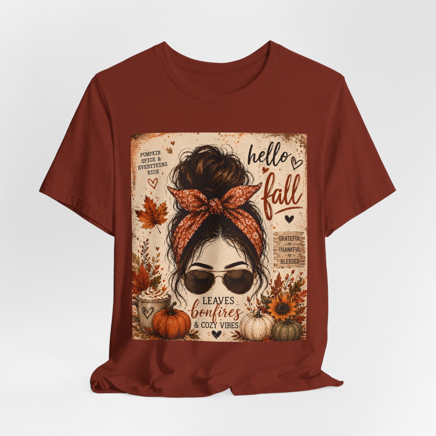 Sunflower Porch Co Hello Fall messy bun graphic Tee | Pumpkin leaves sunflower autumn design