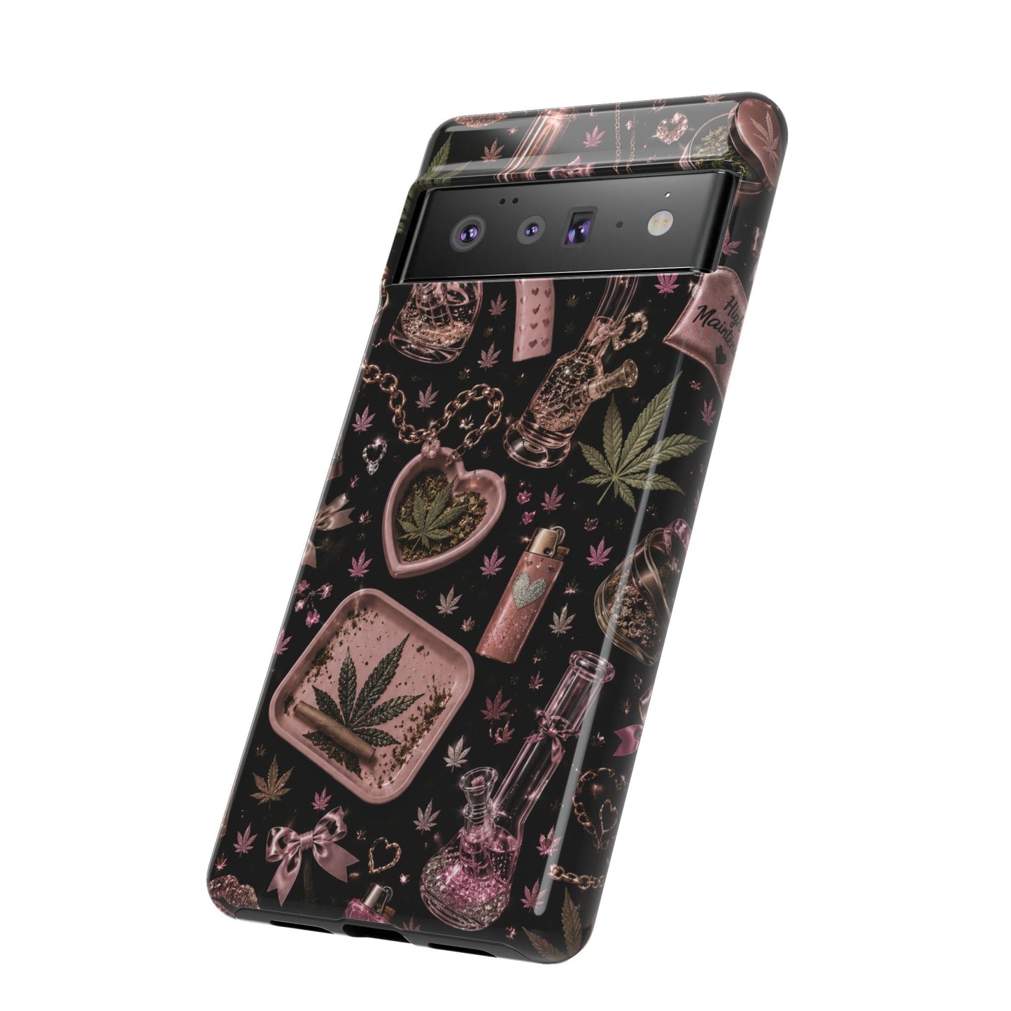 Sunflower Porch Co Pink Cannabis Pattern Tough Case | Weed Leaf Phone Case, Grinder & Lighter Design