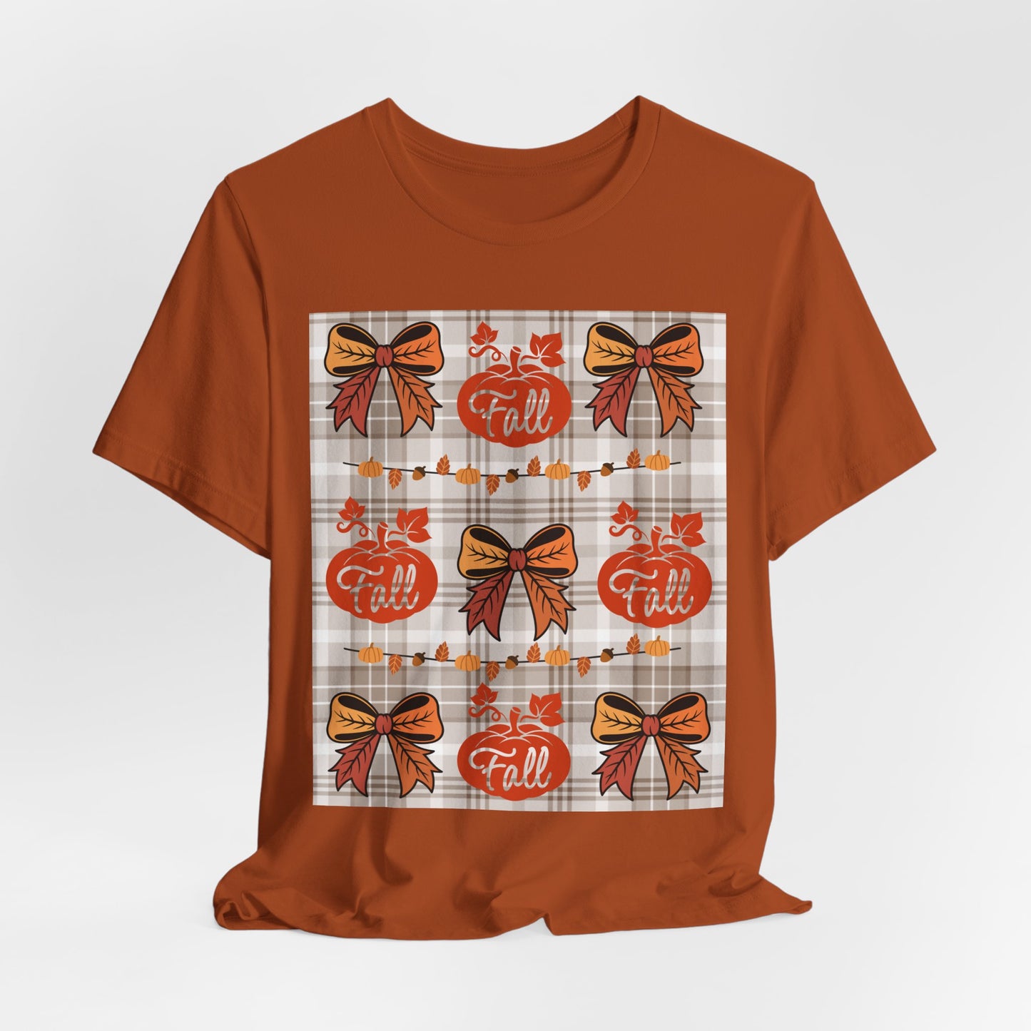 SunflowerPorchCo Fall Pumpkin Plaid Pattern Tee | Autumn Bow Graphic T-Shirt