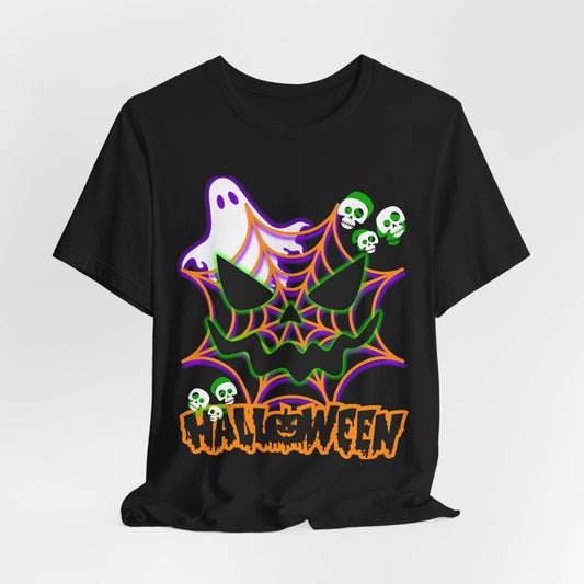 Ghost and Spiderweb Halloween T-Shirt | Skull Accents, Neon Colors