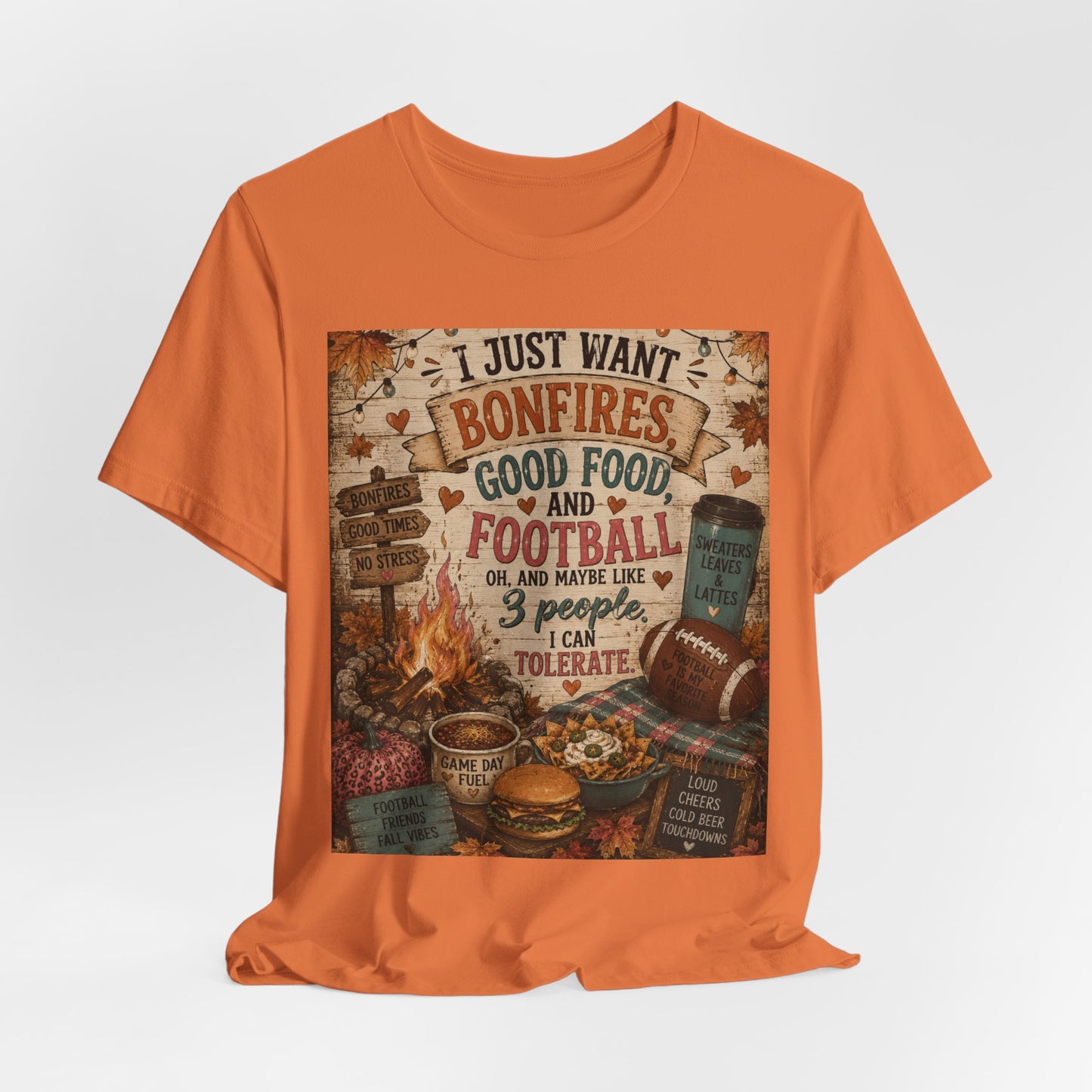 Sunflower Porch Co Bonfires Good Food and Football Tee | Fall Campfire Typography Shirt