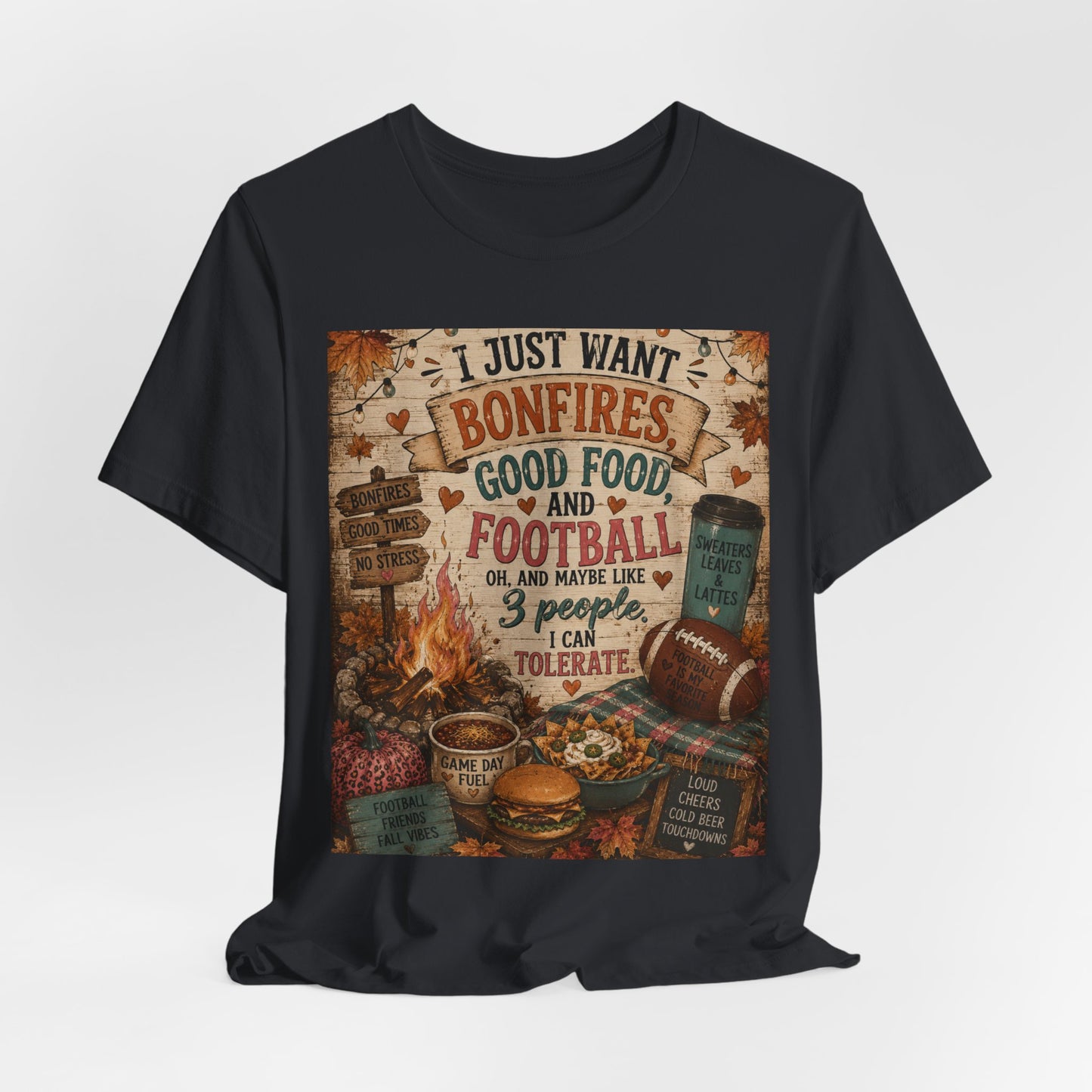 Sunflower Porch Co Bonfires Good Food and Football Tee | Fall Campfire Typography Shirt