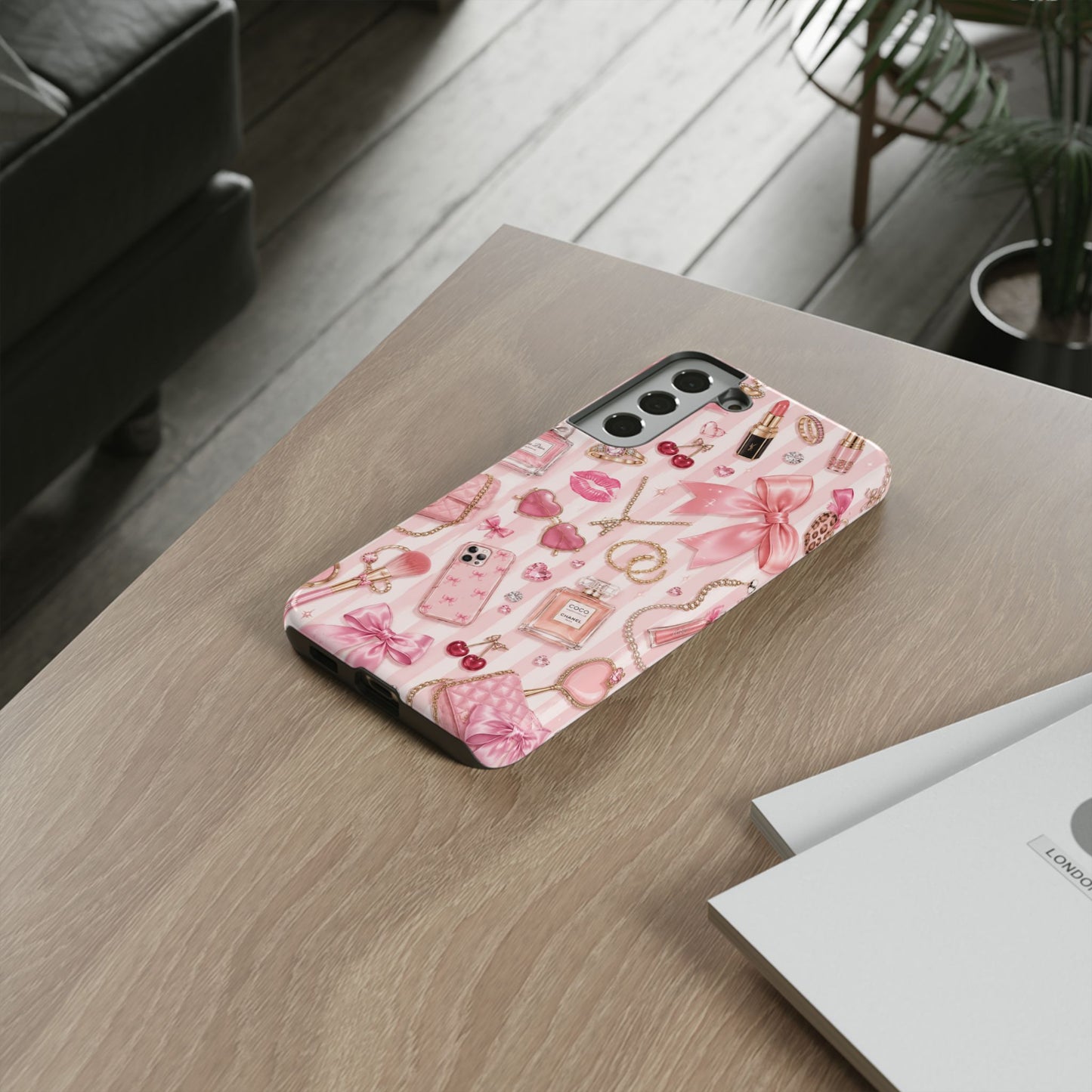 Pink Glam Pattern phone case | Makeup, bows, perfume, lipstick design