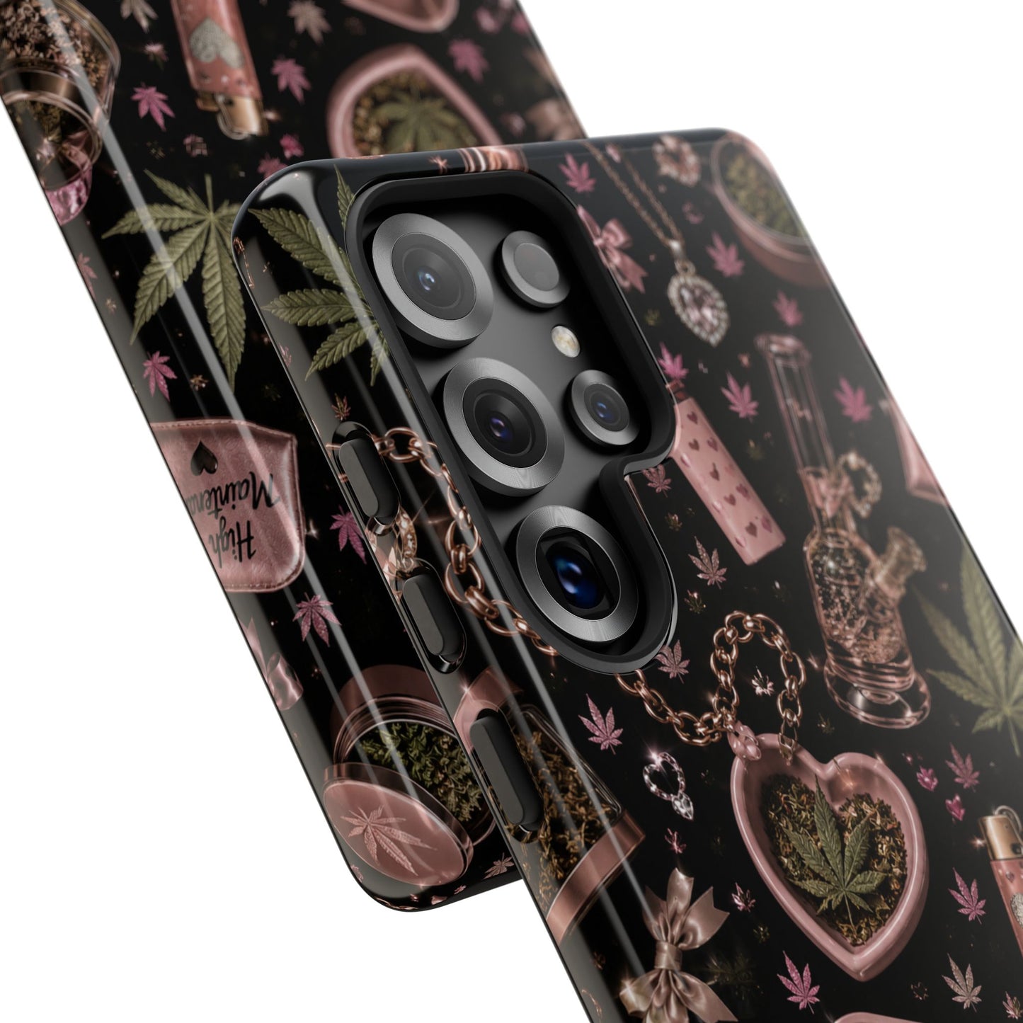 Sunflower Porch Co Pink Cannabis Pattern Tough Case | Weed Leaf Phone Case, Grinder & Lighter Design