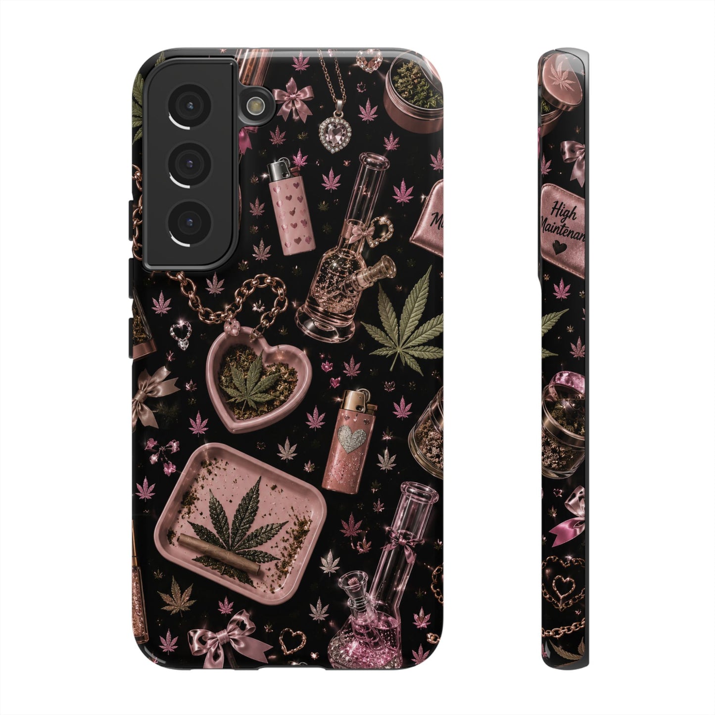 Sunflower Porch Co Pink Cannabis Pattern Tough Case | Weed Leaf Phone Case, Grinder & Lighter Design