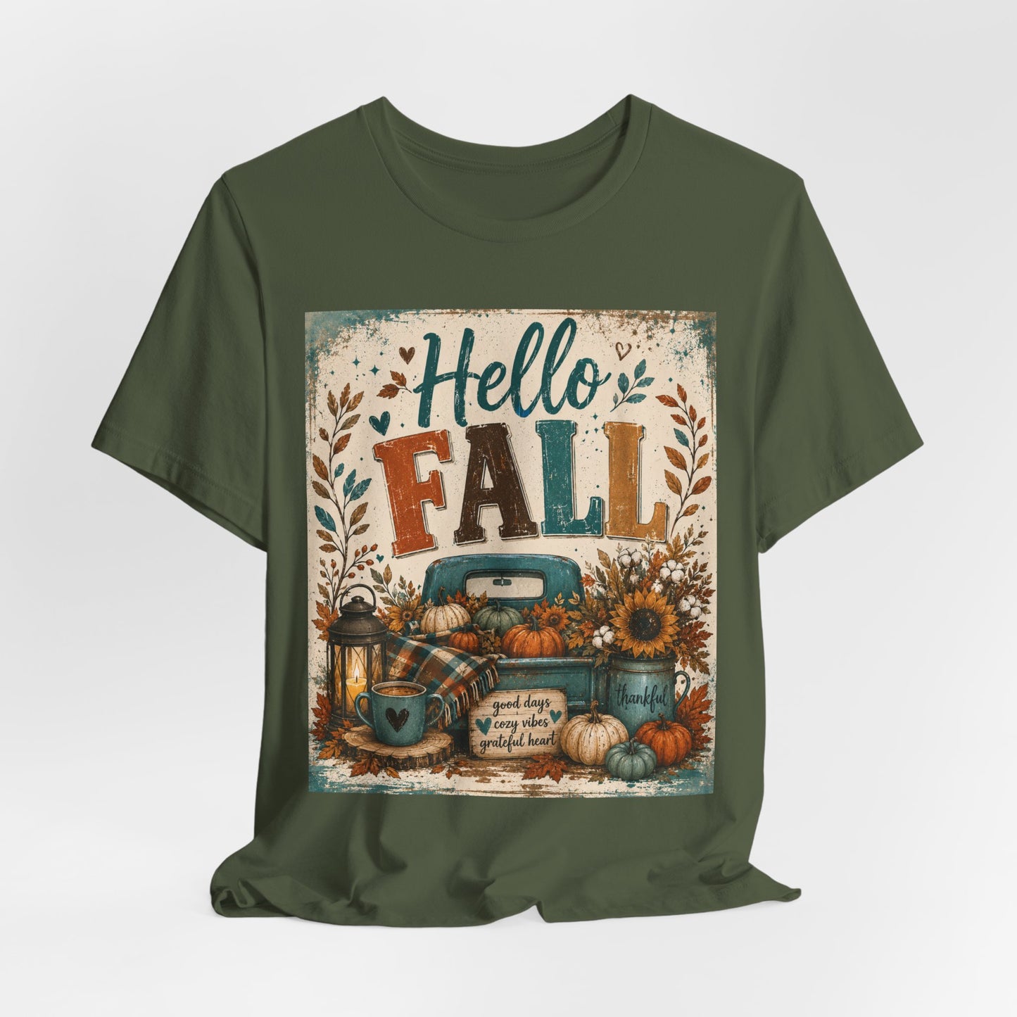 Sunflower Porch Co Hello Fall Truck Tee | Pumpkin, Sunflower, Rustic Autumn Design